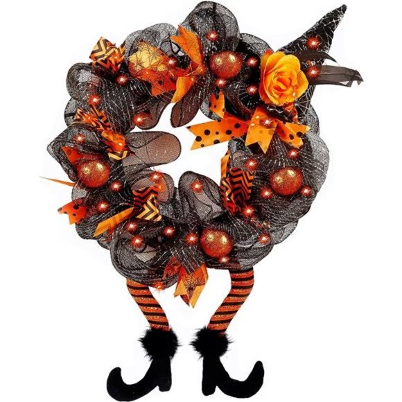 Halloween Wreaths, Witch Hat and Legs Wreath, Lighted with 30 LED Orange Lights - Picture 1 of 6